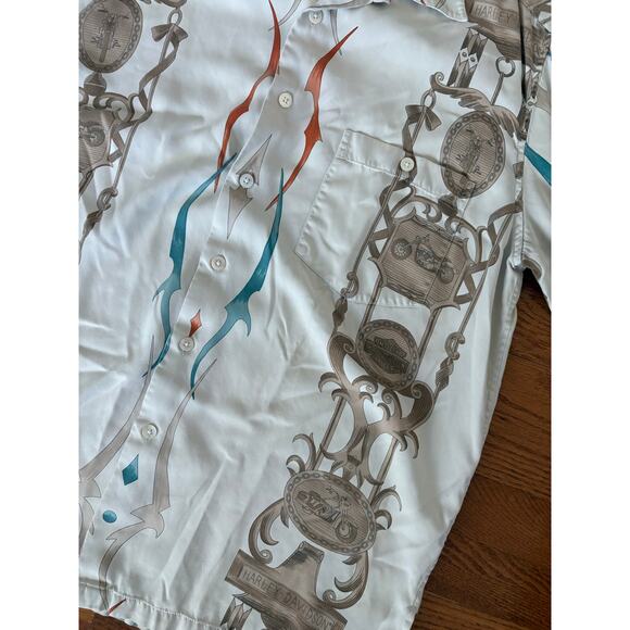 Vintage Harley-Davidson 100% Silk Button Up Short Sleeve Shirt- White- Men's M - Picture 2 of 6